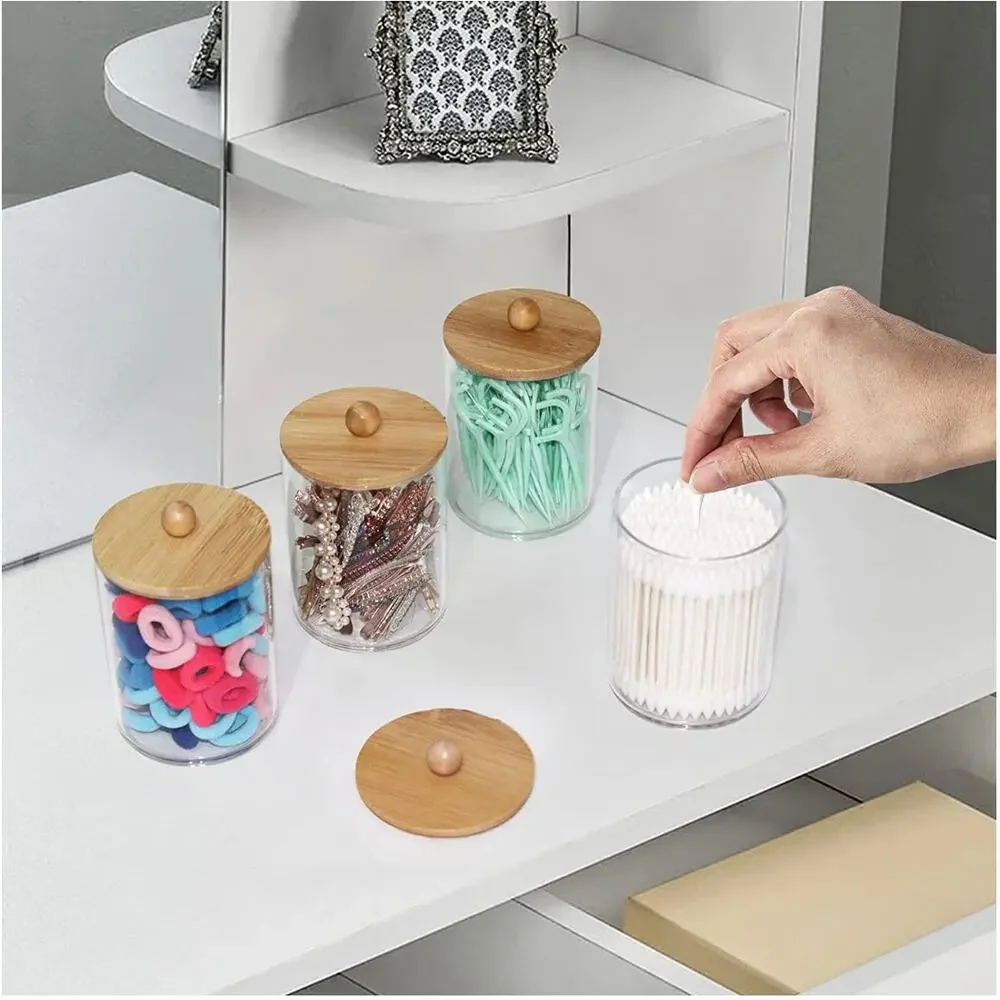 4 Pack Qtip Holder Dispenser with Bamboo Lids Clear Plastic Bathroom Storage